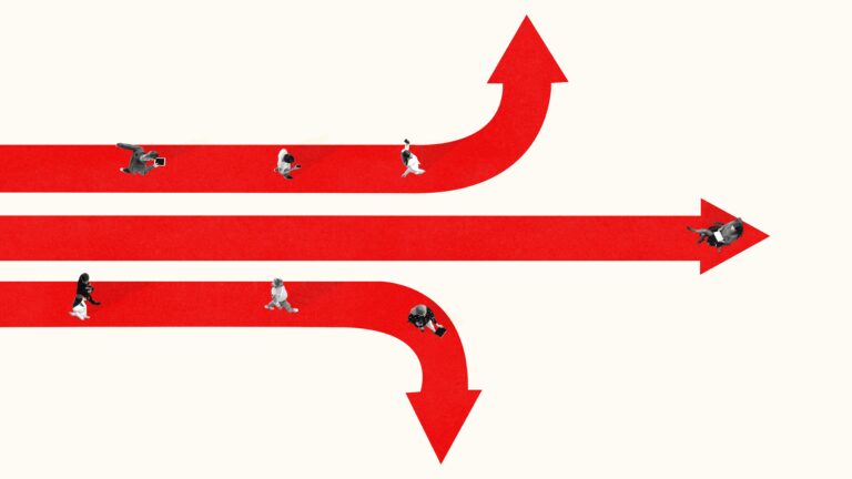 Three red arrows with people walking along them, one curving upward, one running straight ahead, and one curving downward, showing different paths a business can take.