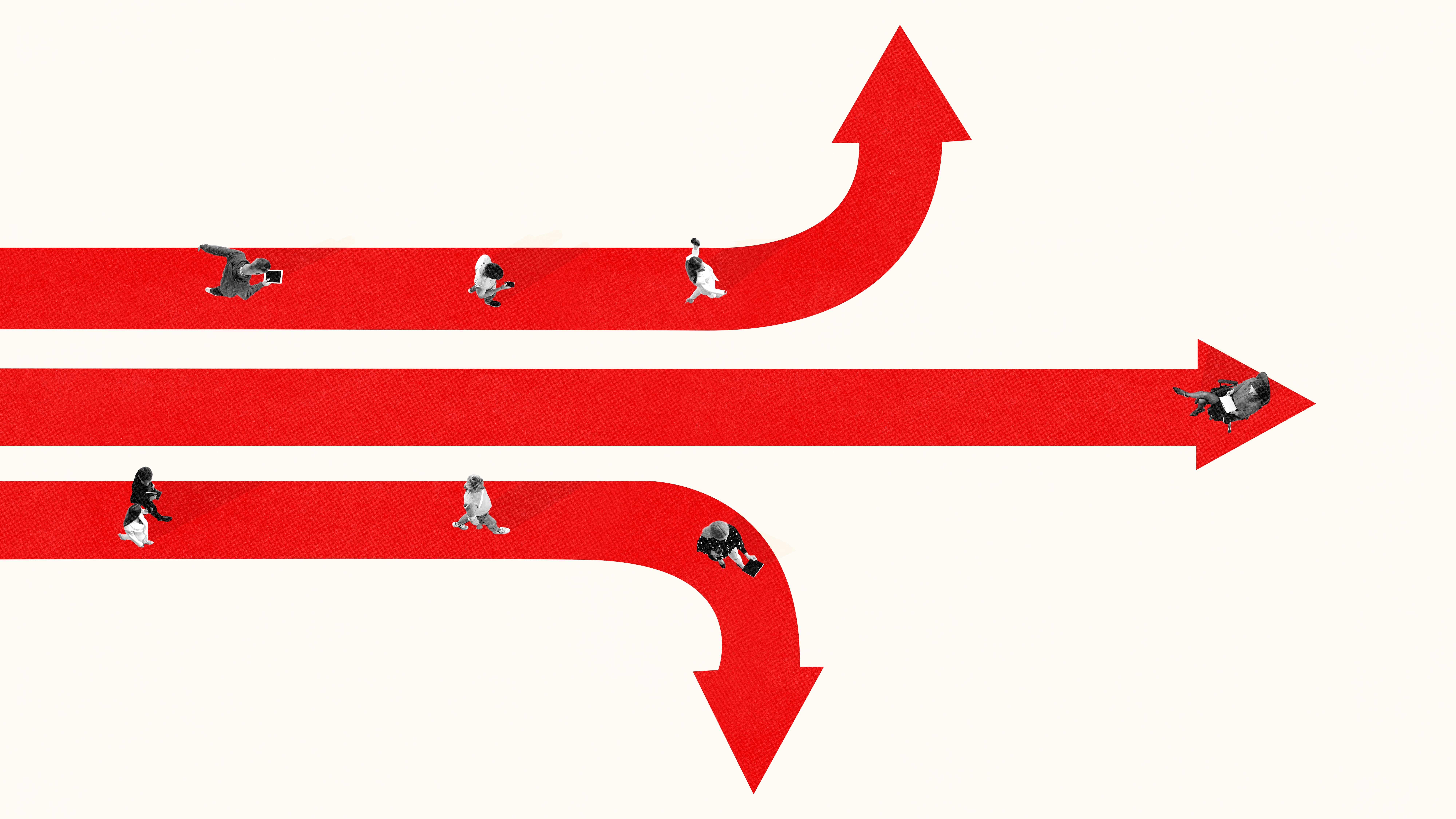 Three red arrows with people walking along them, one curving upward, one running straight ahead, and one curving downward, showing different paths a business can take.