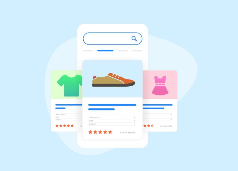 Illustration of a mobile shopping search page with product cards for a sneaker, a t-shirt, and a dress, each showing star ratings