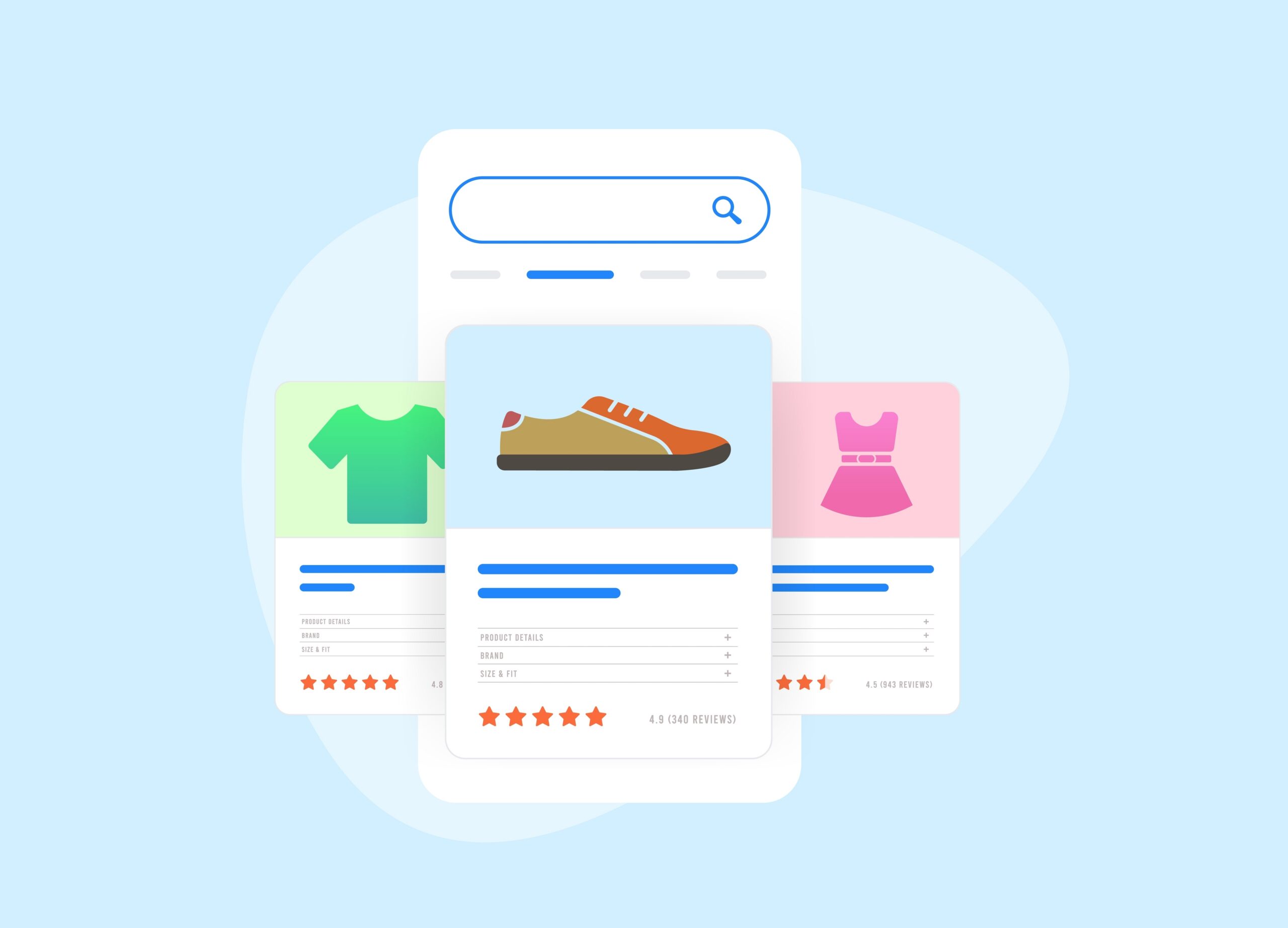 Illustration of a mobile shopping search page with product cards for a sneaker, a t-shirt, and a dress, each showing star ratings