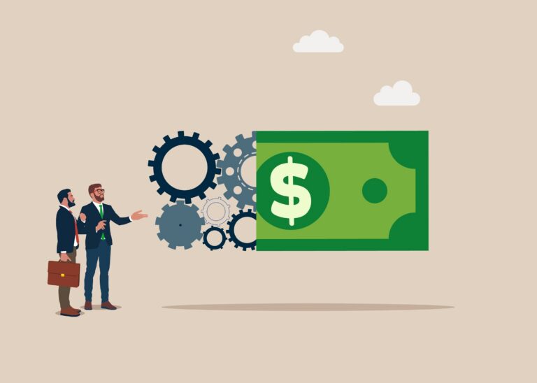 Two businessmen looking at a set of gears connected to a large dollar bill